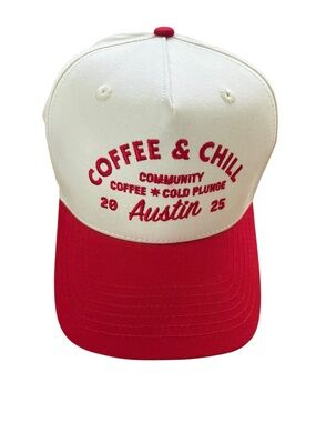 Coffee & Chill Austin Red and Cream Trucker Hat NWOT